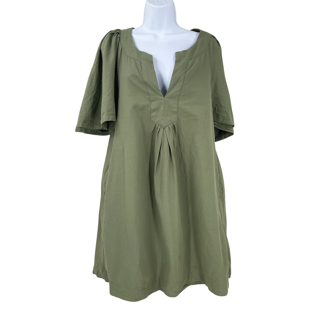 Pomander Place Tunic Dress Womens Medium Olive Green Cotton Pleated Mini Boho